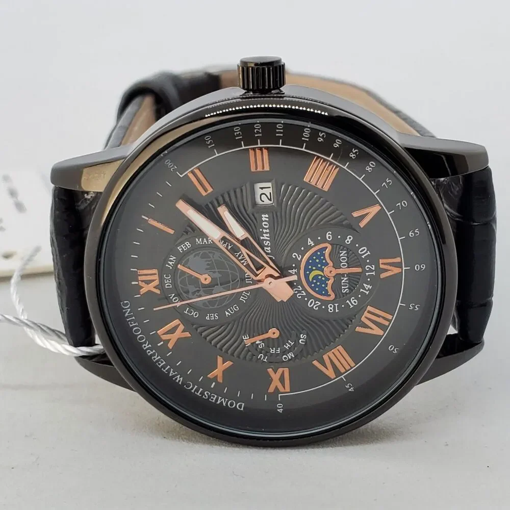 Men's Watch 40MM Black Dial Black‎ Leather Bands Roman Numerals Date Indicator